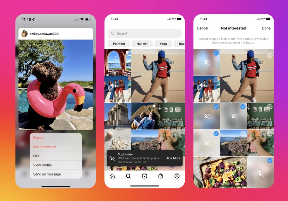 Instagram agora também permite a você indicar quais conteúdos você não gosta — Foto: Divulgação/Meta