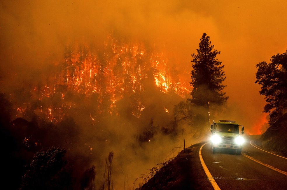 Chamadas tomam conta da Floresta Nacoinal Klamath, no norte da Califórnia, nos EUA, em 31 de julho de 2022. — Foto: Noah Berger/ Associated Press