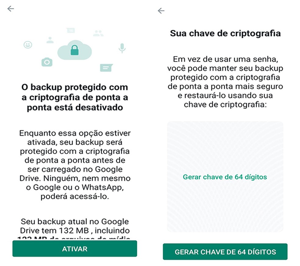 Backup de mensagens também podem receber criptografia de ponta a ponta — Foto: Reprodução/Flávia Fernandes