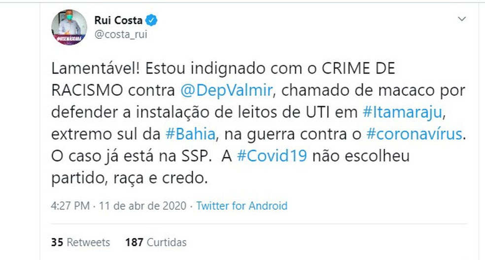Por meio das redes sociais, o governado da Bahia Rui Costa lamentou o ocorrido e disse que o caso já está na Secretaria de Segurança Pública (SSP-BA).  — Foto: Reprodução / Redes Sociais 