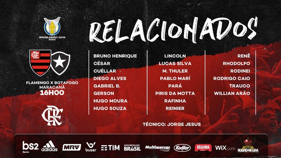 Relação dos jogadores do Flamengo para o clássico com o Botafogo — Foto: Reprodução/Twitter
