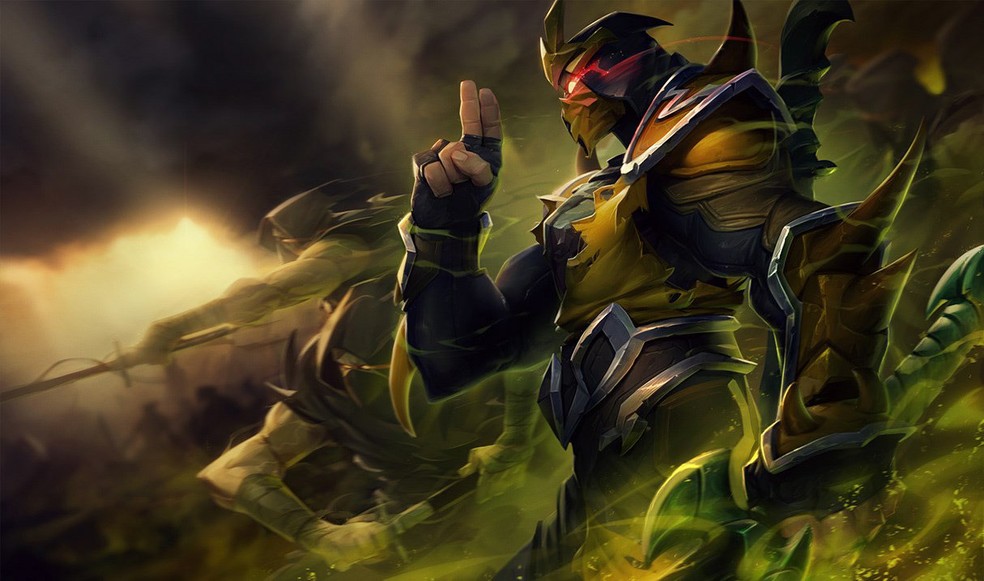 Shen Armadura Dourada tem roupa em tons amarelos como o Scorpion — Foto: Divulgação/Riot Games