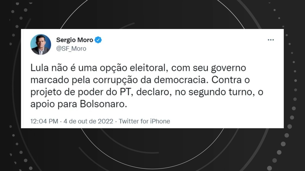Sergio Moro declara apoio a Bolsonaro no 2º turno — Foto: Reprodução/Twitter