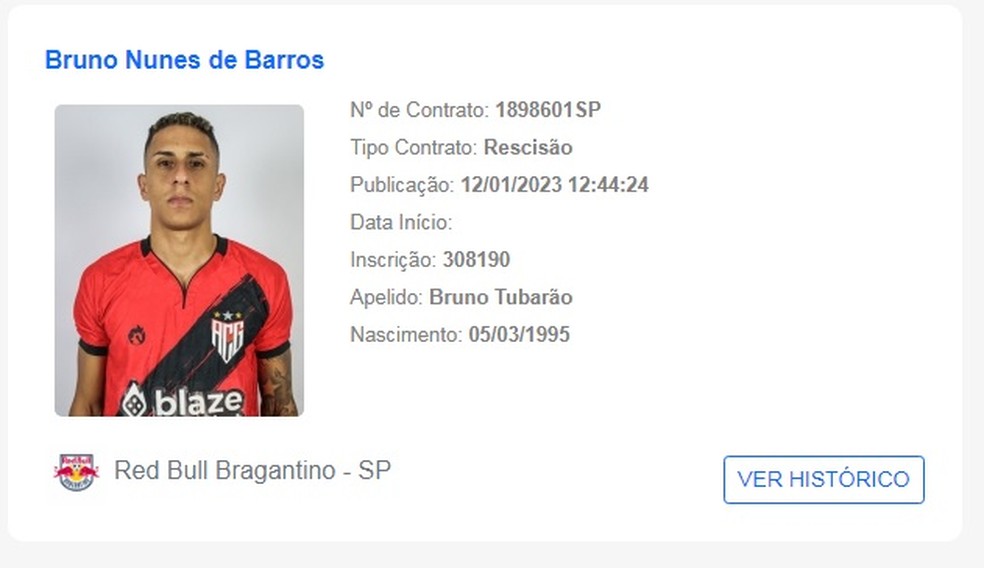 Rescisão do contrato de Bruno Tubarão com o Bragantino — Foto: Reprodução/BID