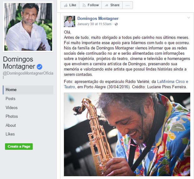 Família de Domingos Montagner assume Facebook oficial do ator (Foto: Reprodução)