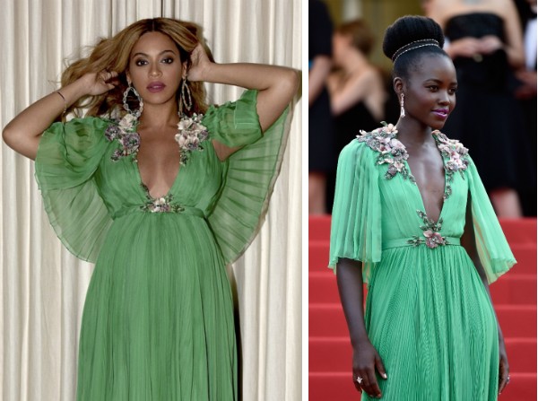 Beyoncé e Lupita Nyong’o com o mesmo vestido (Foto: Reprodução/Getty Images)