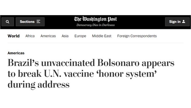'Não vacinado, brasileiro Bolsonaro quebra 'sistema de honra' de vacinação da ONU durante discurso', diz a manchete do Washington Post nesta terça-feira (21/9) (Foto: REPRODUÇÃO/BBC)