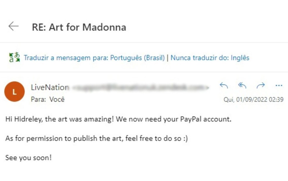 Encantada com o trabalho do artista de Botucatu, a equipe de Madonna agradeceu o trabalho e elogiou — Foto: Hidreley Leli Dião /Arquivo pessoal
