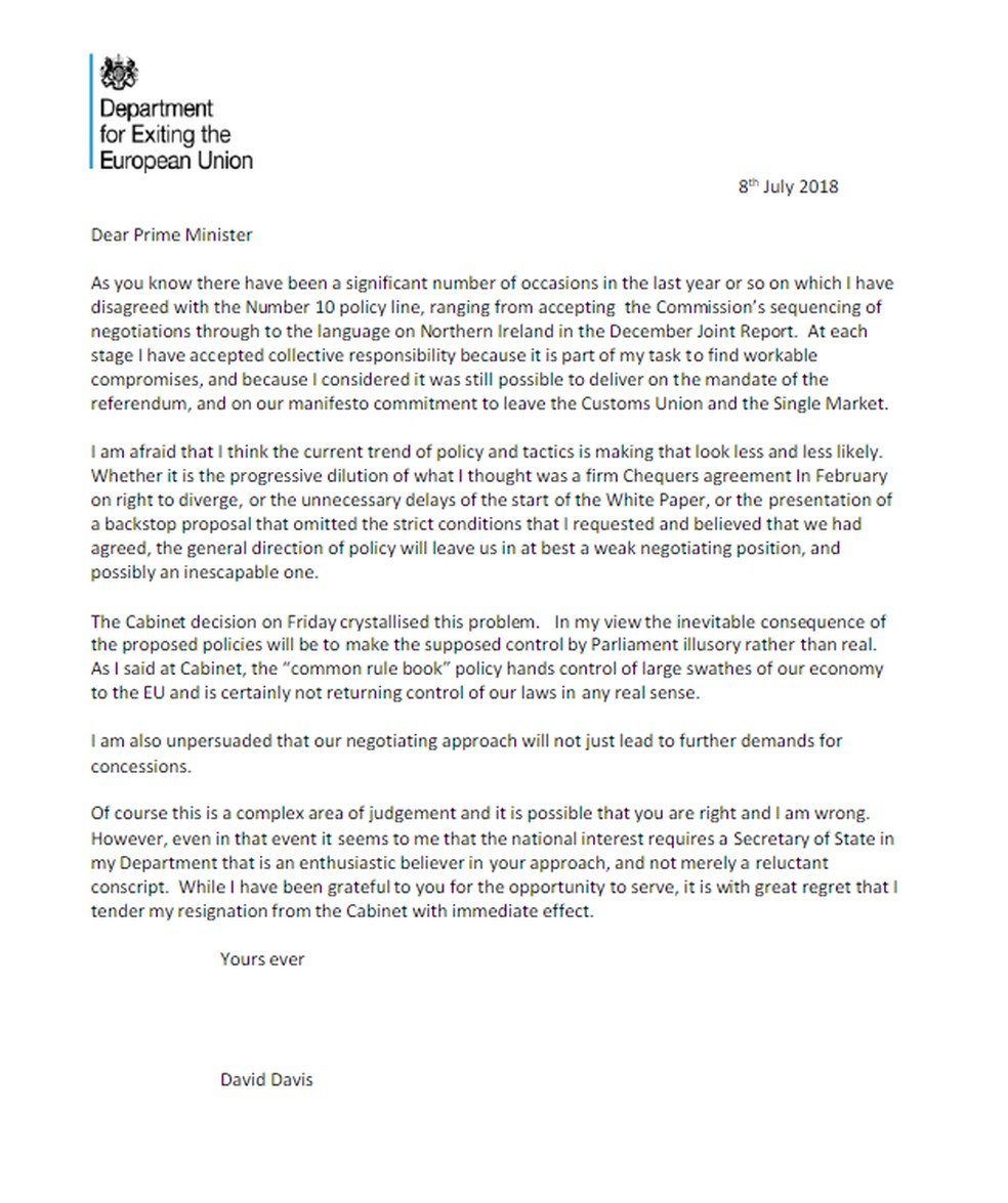 Carta de renúncia enviada por David Davis (Foto: Reprodução)