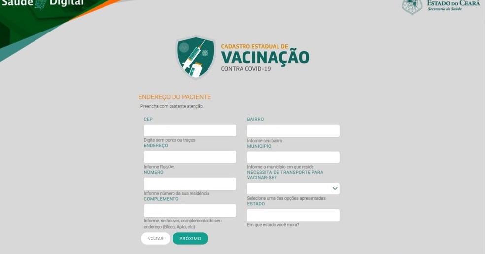 Terceiro passo do cadastro de vacinação no Ceará. — Foto: Sesa/Reprodução