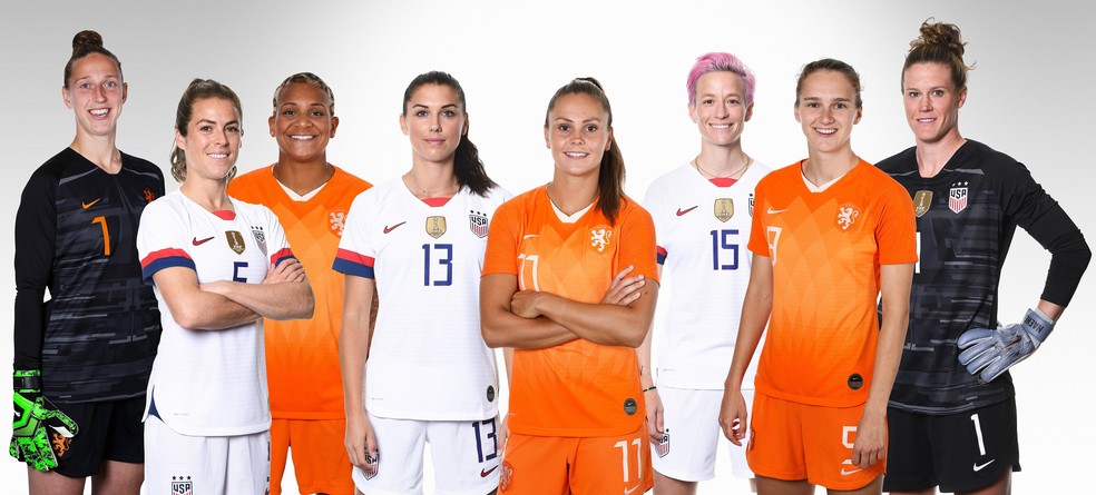 Jogadoras de Estados Unidos e Holanda, finalistas da Copa do Mundo 2019, vencida pelos EUA — Foto: Getty Images