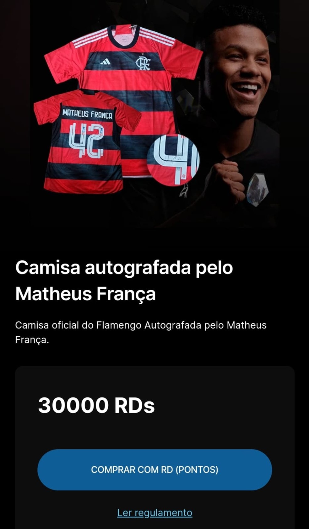Camisa de Matheus França é resgatada com 30.000 pontos — Foto: Divulgação