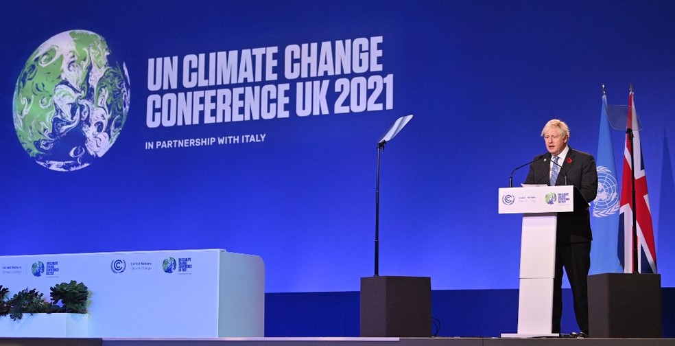 Boris Johnson, do Reino Unido, na abertura da COP26 em Glasgow, em 1º de novembro de 2021 — Foto: Paul Ellis / AFP