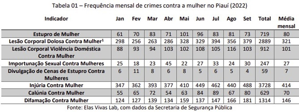 Frequência mensal de crimes contra a mulher no Piauí (2022) — Foto: SSP-PI