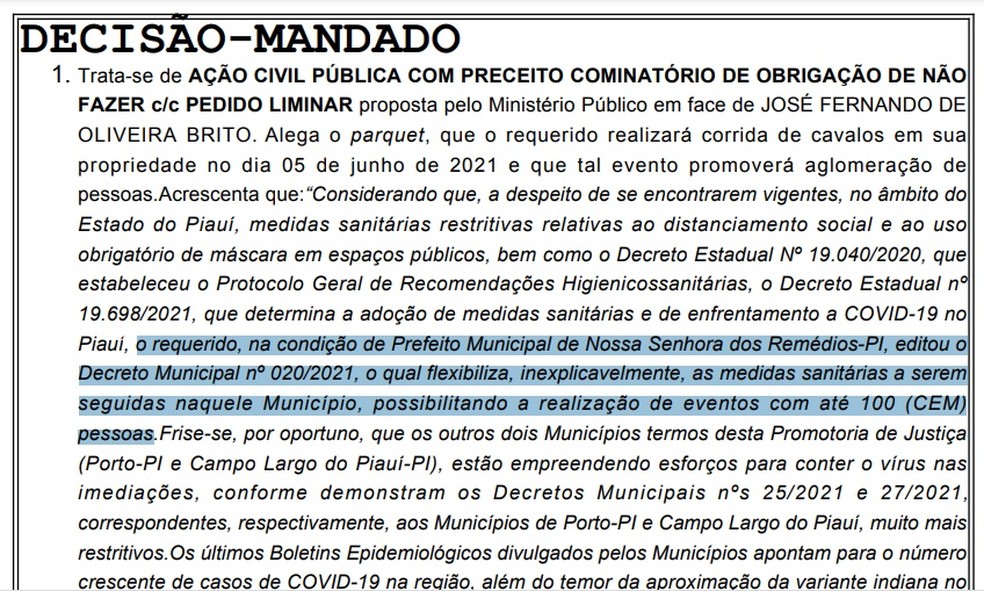 Em trecho da ação, o MP afirmou que o prefeito Zé Fernando alterou decreto para permitir eventos em Nossa Senhora dos Remédios — Foto: Reprodução