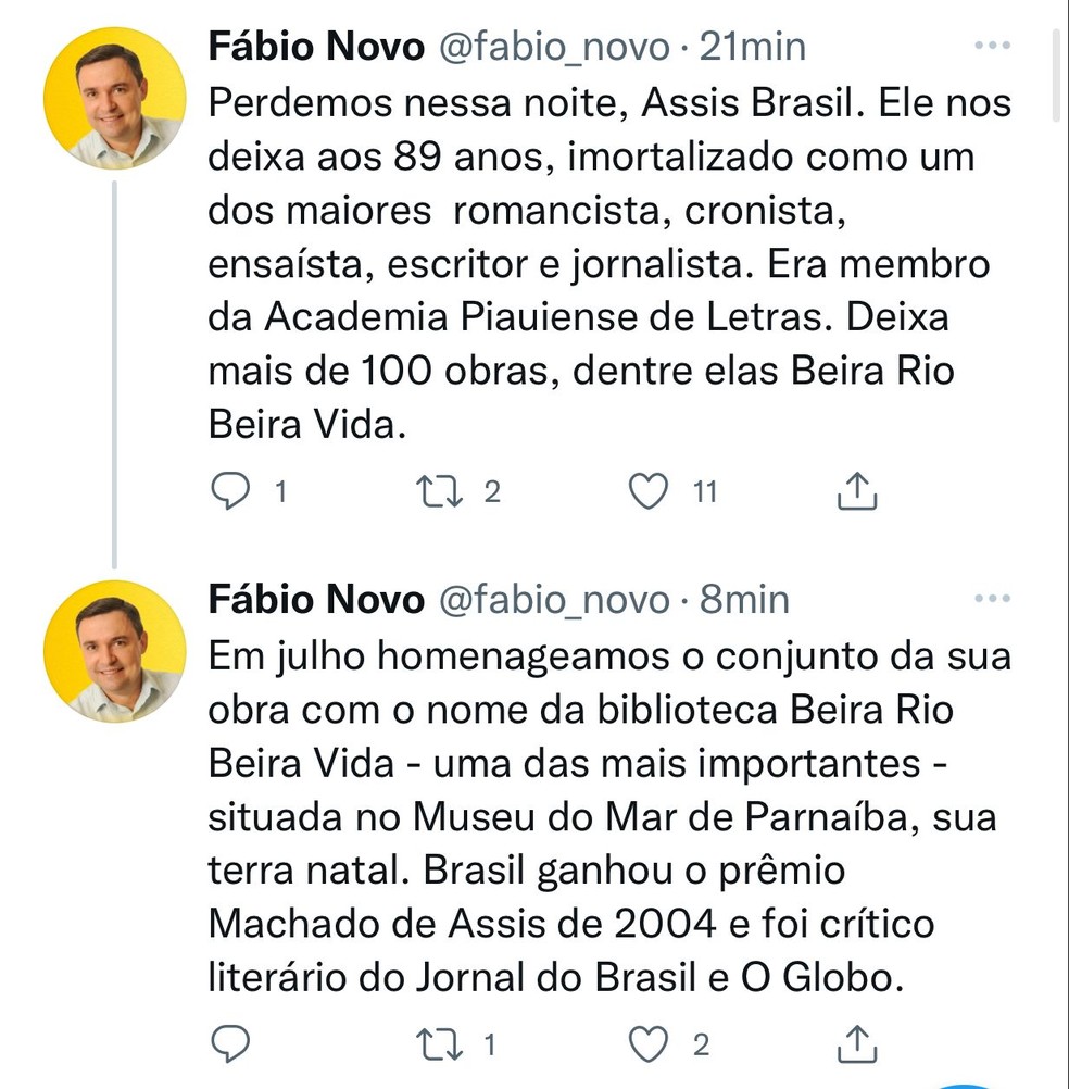 O secretário de cultura do estado, Fábio Novo, também demonstrou pesar pela morte de Assis Brasil: — Foto: Reprodução