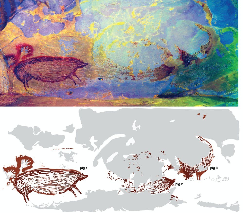 A imagem superior foi aprimorada para tornar a arte mais clara. A imagem inferior mostra um traçado da arte. (Foto: Brumm et al./Science Advances 2021)