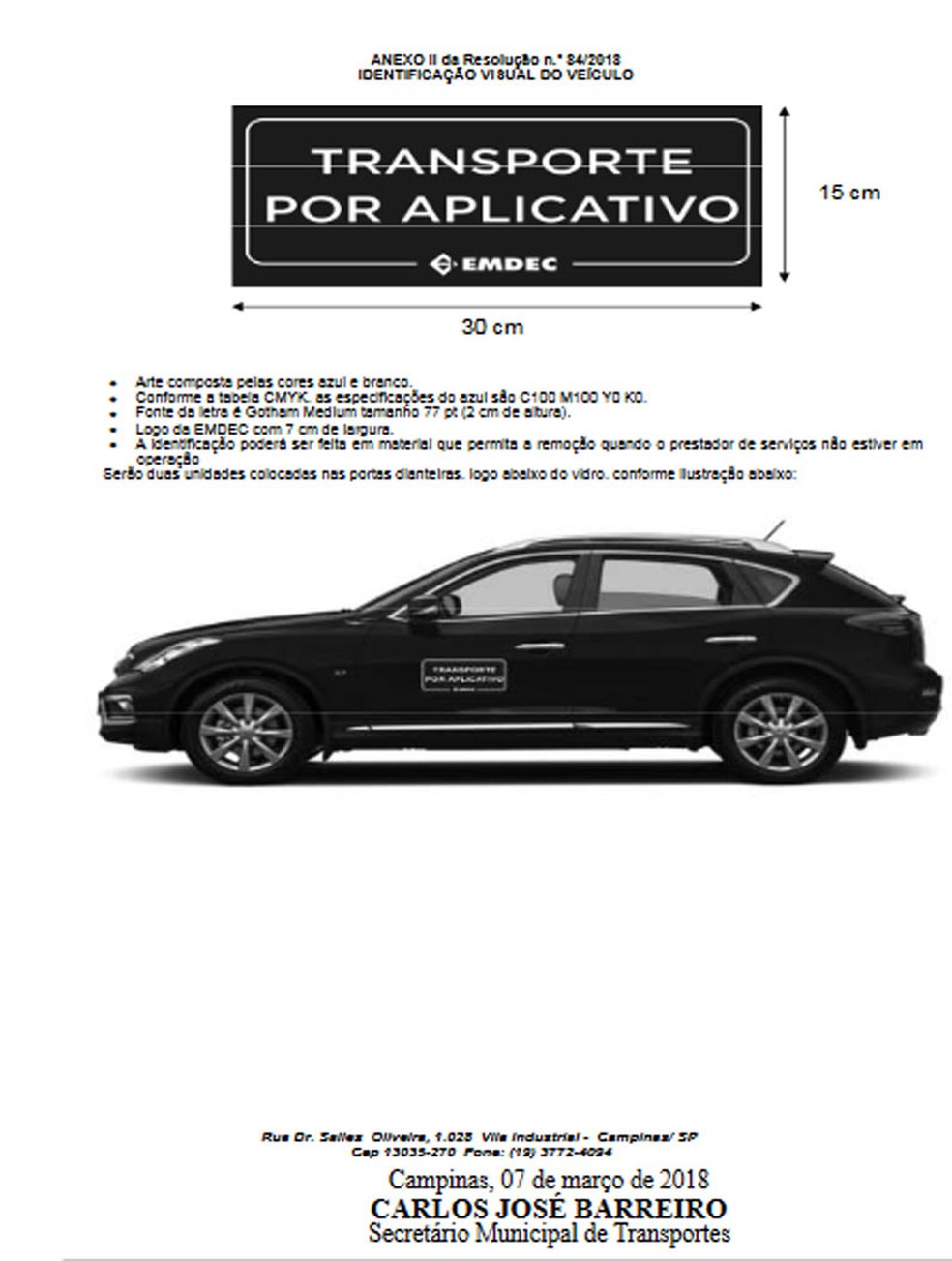 Modelo de adesivo que os carros de transporte oferecidos por aplicativos devem usar em Campinas (Foto: Reprodução Diário Oficial do Município (DOM) de Campinas)