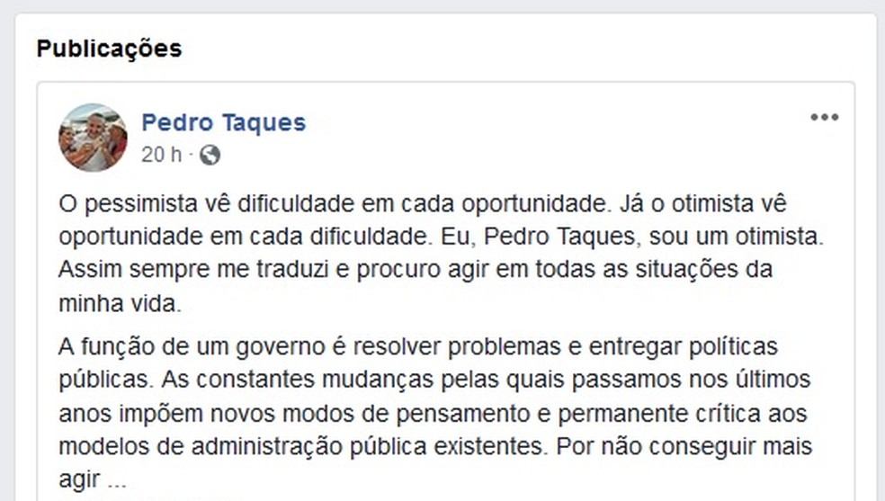 Pedro Taques (PSDB) postou mensagem de despedida — Foto: Facebook/ Reprodução