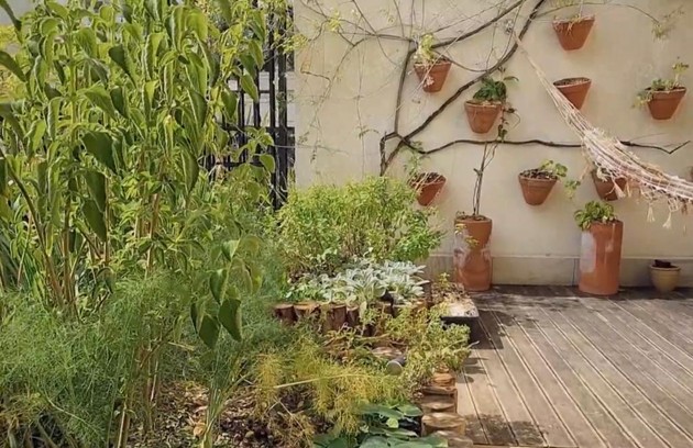 Na varanda, a apresentadora possui uma horta e vasos com ervas  (Foto: Reprodução/ YouTube)