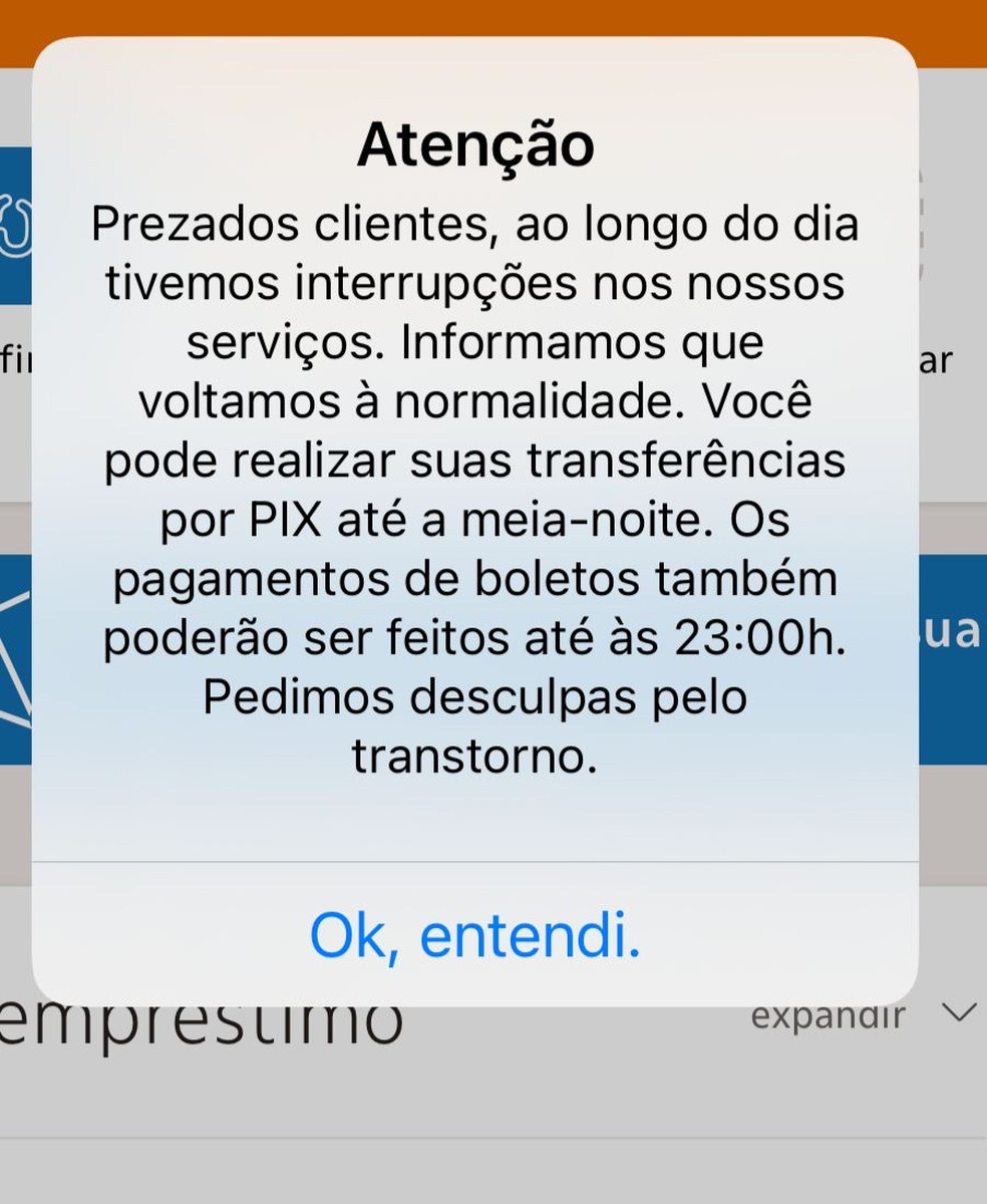 Comunicado sobre falha do Itaú ao acessar o app na noite desta quinta (3) — Foto: Reprodução