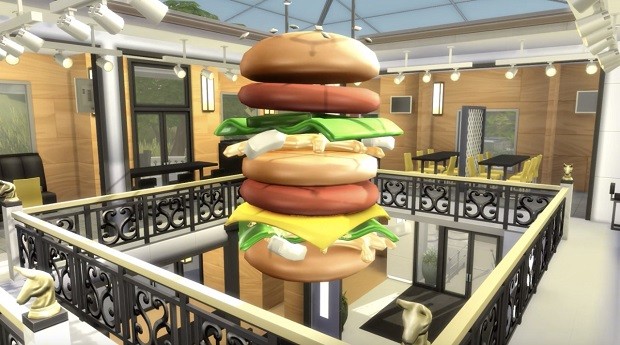 Parte interna do restaurante do McDonald's no 'The Sims 4
