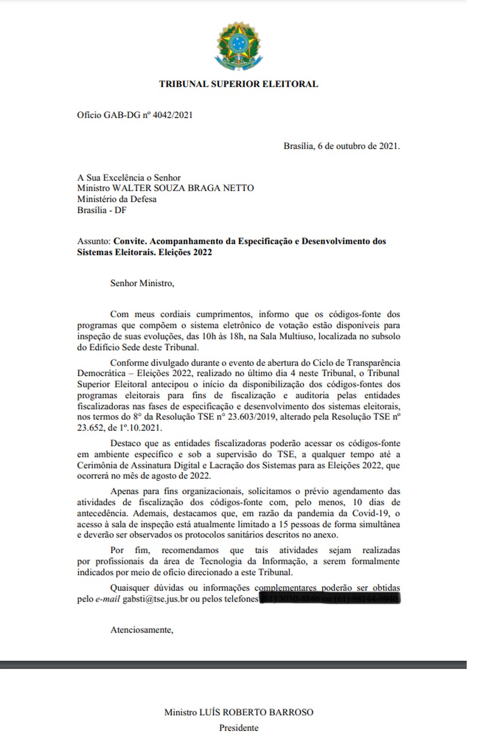 Ofício enviado ao então ministro da Defesa Braga Netto, com data de 6 de outubro de 2021. — Foto: Reprodução