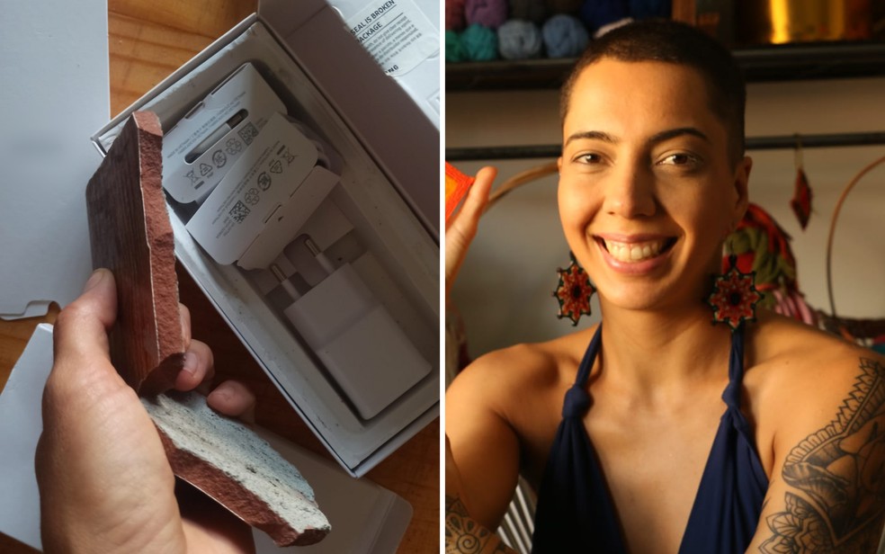 Foto mostra caixa com cerâmica que artista e professora de dança Ludmila Rocha recebeu ao comprar um celular pela internet em Goiânia — Foto: Arquivo Pessoal/Ludmila Rocha