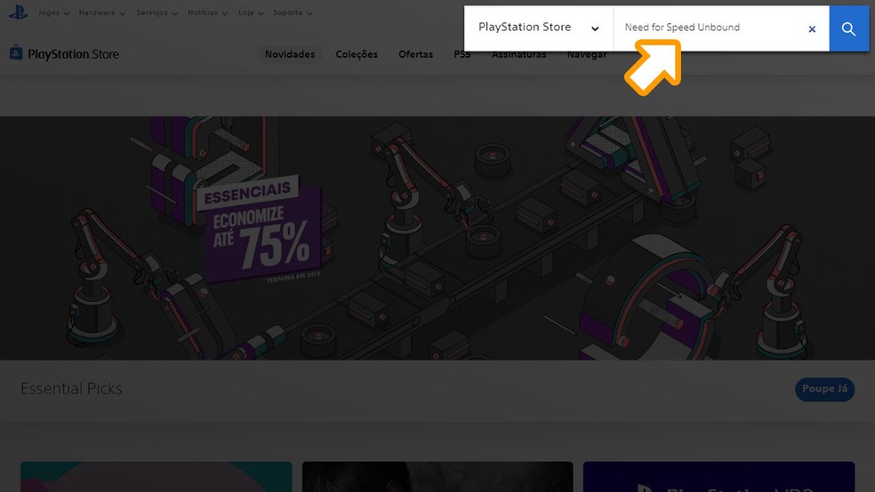 Acesse a PlayStation Store e procure por Need for Speed Unbound na busca no canto super direito — Foto: Reprodução/Rafael Monteiro