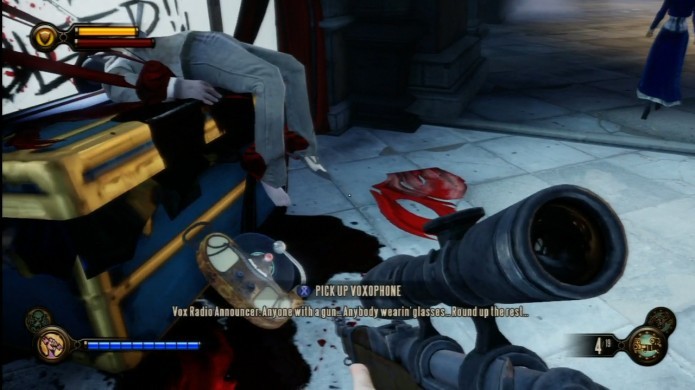 Bioshock Infinite: depois de enfrentar os Vox Populi, procure pelo corpo do policial morto. Haverá um Voxophone próximo a ele (Foto: Reprodução/IGN Wiki)