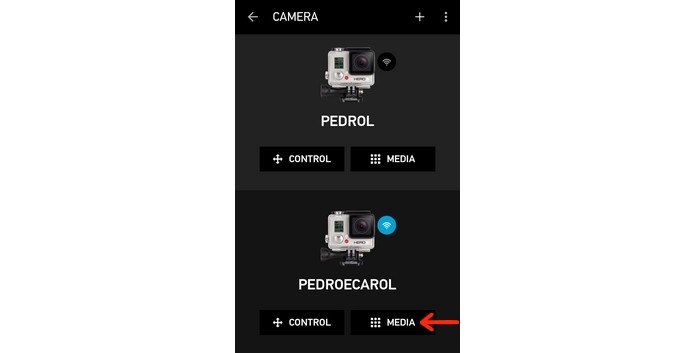 Destaque para botão Media na janela de câmeras conectadas ao app GoPro (Foto: Reprodução/Raquel Freire)
