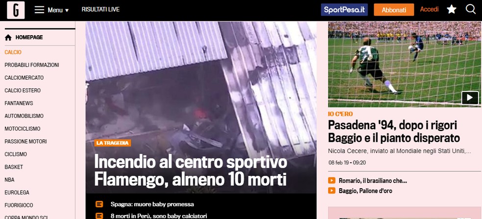 Jornal italiano "La Gazzetta dello Sport" destaca inc&Atilde;&ordf;ndio no Centro de Treinamento do Flamengo &acirc;?? Foto: Reprodu&Atilde;&sect;&Atilde;&pound;o