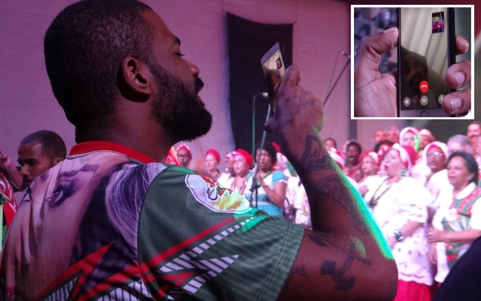 Filho de Arlindo Cruz faz live para o pai acompanhar gravação de samba da X-9 Paulistana — Foto: Leandro Nascimento/Divulgação/X-9 Paulistana