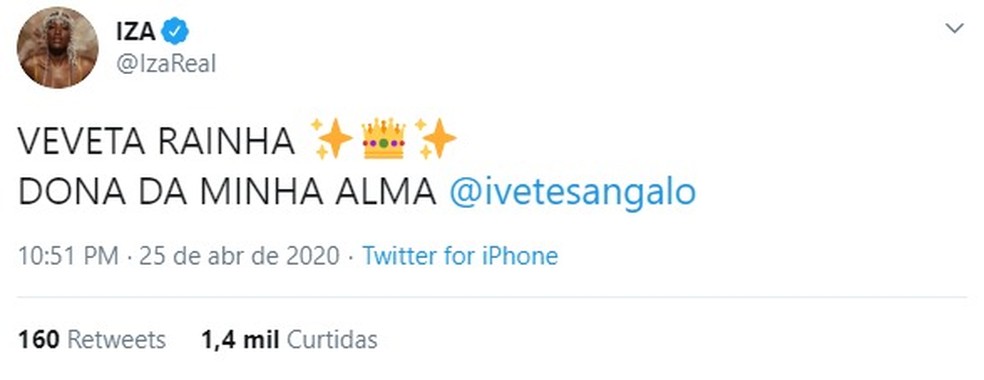 Iza exalta Ivete Sangalo em suas redes!  � Foto: Reprodu��o Twitter