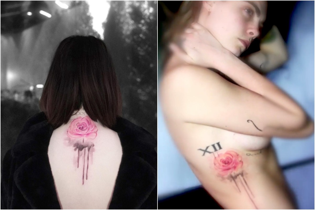 Em estilo aquarela, a bela tatuagem de uma rosa foi a escolha das amigas Selena Gomez e Cara Delevigne (Foto: Reprodução/Instagram)