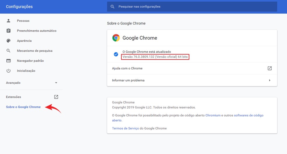 Nas configurações do Google Chrome, confira se a versão instalada é a de número 76.0.3809.132 — Foto: Reprodução/Ana Letícia Loubak