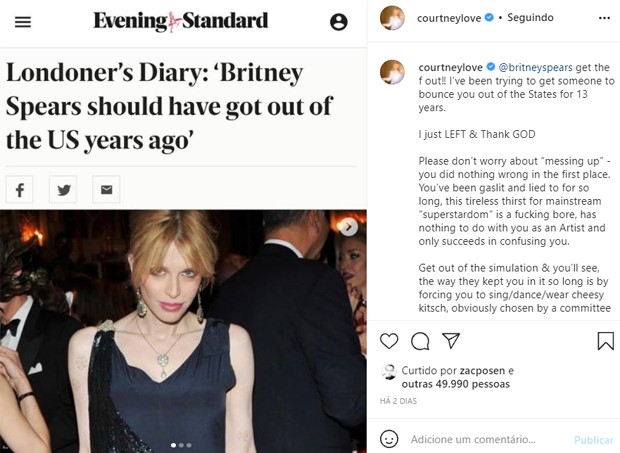 Courtney Love aconselha Britney Spears ao deixar EUA após fim de tutela (Foto: Reprodução/Instagram)