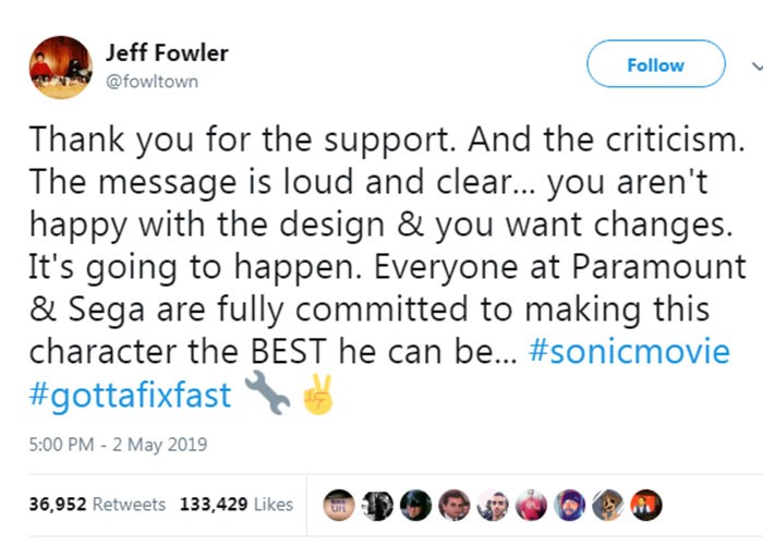 Jeff Fowler comentou no Twitter que vai mudar aparência de Sonic (Foto: Reprodução/Twitter)