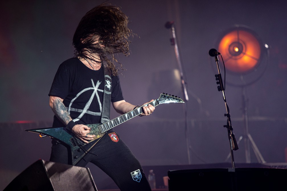 Andreas Kisser durante show do Sepultura no palco Mundo do Rock in Rio 2019 — Foto: Marcelo Brandt/G1