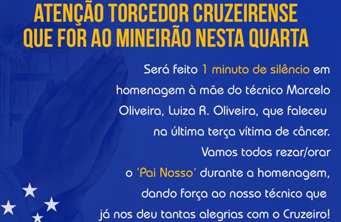 Torcedores do Cruzeiro organizam homenagem a Marcelo Oliveira