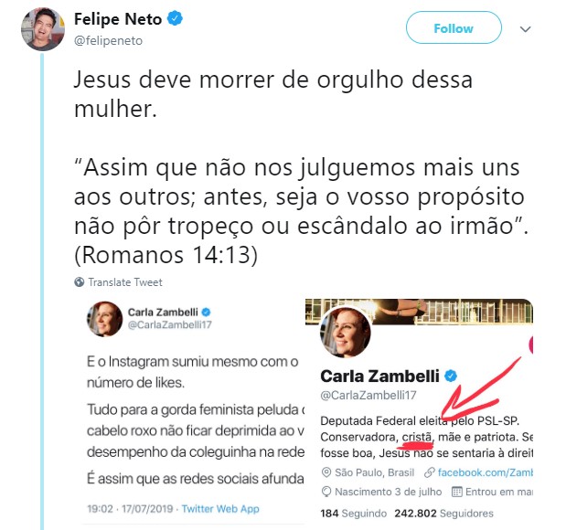 Felipe Neto critica deputada (Foto: Reprodução / Instagram)