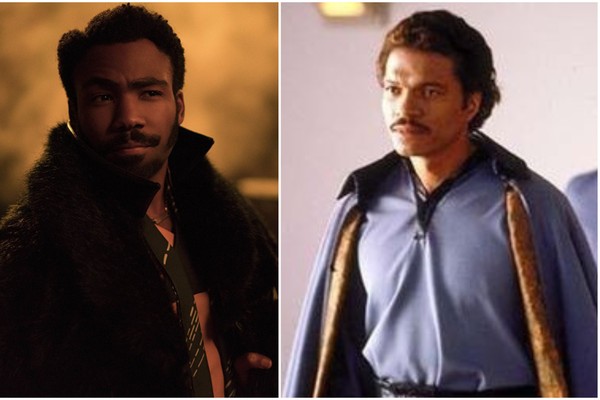 Donald Glover em Han Solo: Uma História Star Wars (2018) e Billy Dee Williams em O Império Contra-Ataca (1980) (Foto: Divulgação)