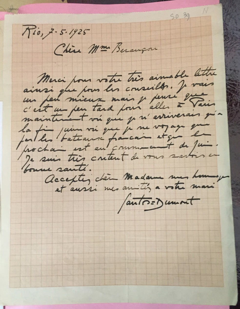 Carta inédita mostra mensagem à esposa do grande amigo de Santos Dumont (Foto: Aéro-Club de France/Divulgação)