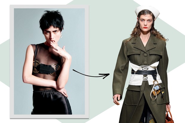 À esquerda, Isis Bataglia na Vogue Brasil em fevereiro. Ao lado, Prada, inverno 2016 (Foto: Zee Nunes/Arquivo Vogue, Getty Images, Imaxtree e Divulgação)