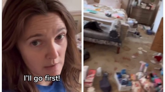 Drew Barrymore impressiona internautas com bagunça em quarto de sua mansão