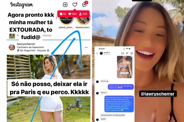  Rafael Duarte brinca sobre curtida de Neymar em Storie de sua namorada, Larissa Scherrer ; ela mostrou o pedido de desculpas do craque (Foto: Reprodução/Instagram)