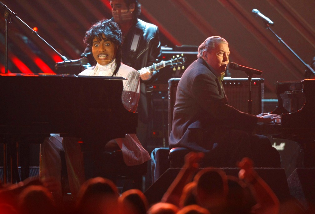 Little Richard and Jerry Lee Lewis perform at the 50th Annual Grammy Awards in Los Angeles.  Photo from February 2008 — Photo: Mike Blake (United States)/Reuters/Arquivo