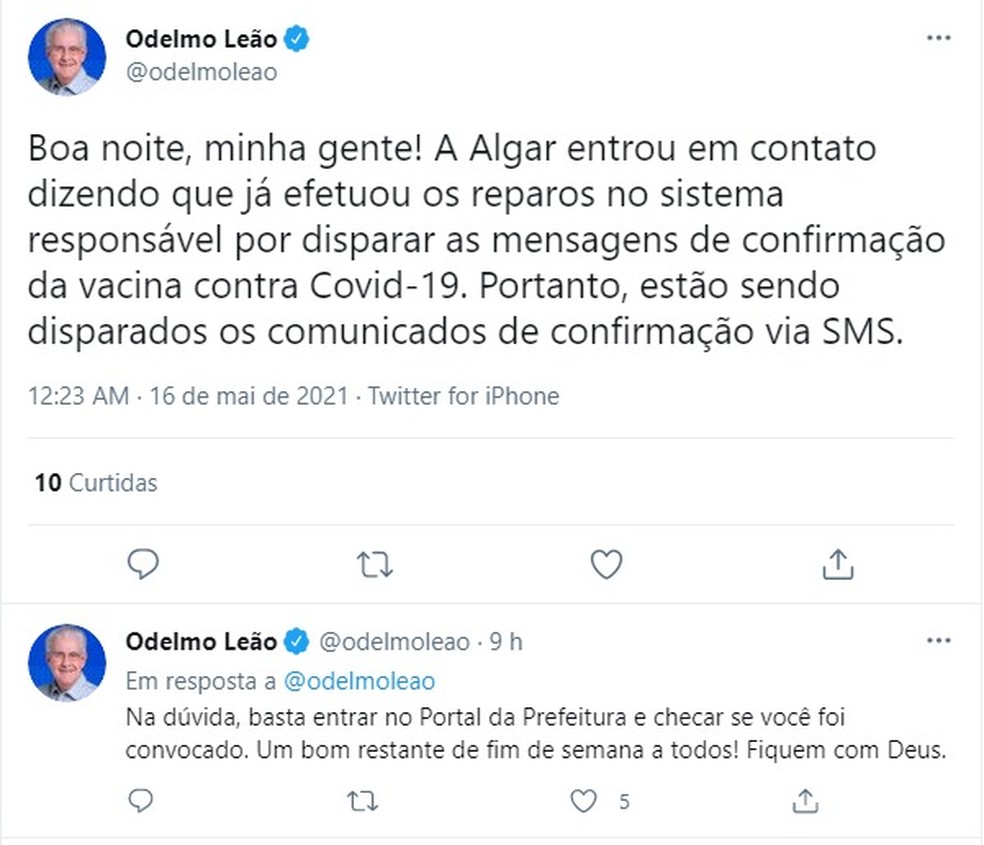covid 19 prefeito de uberlandia diz que mensagens de agendamento da vacinacao tiveram falha na entrega operadora resolveu problema e sms foram enviados triangulo mineiro g1