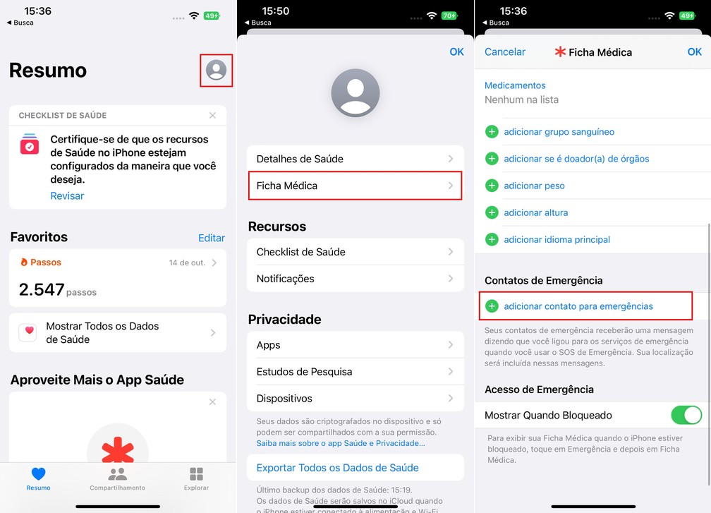 Como salvar contatos de emergência no iPhone — Foto: Reprodução