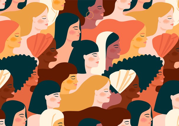 International Womens Day. Vector seamless pattern with with women different nationalities and cultures. Struggle for freedom, independence, equality. (Foto: Getty Images/iStockphoto)